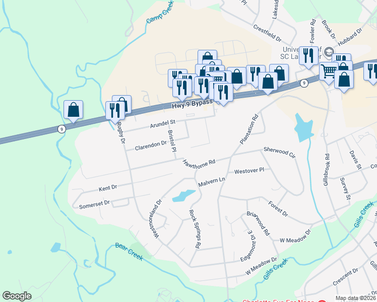 map of restaurants, bars, coffee shops, grocery stores, and more near 1126 Hawthorne Road in Lancaster