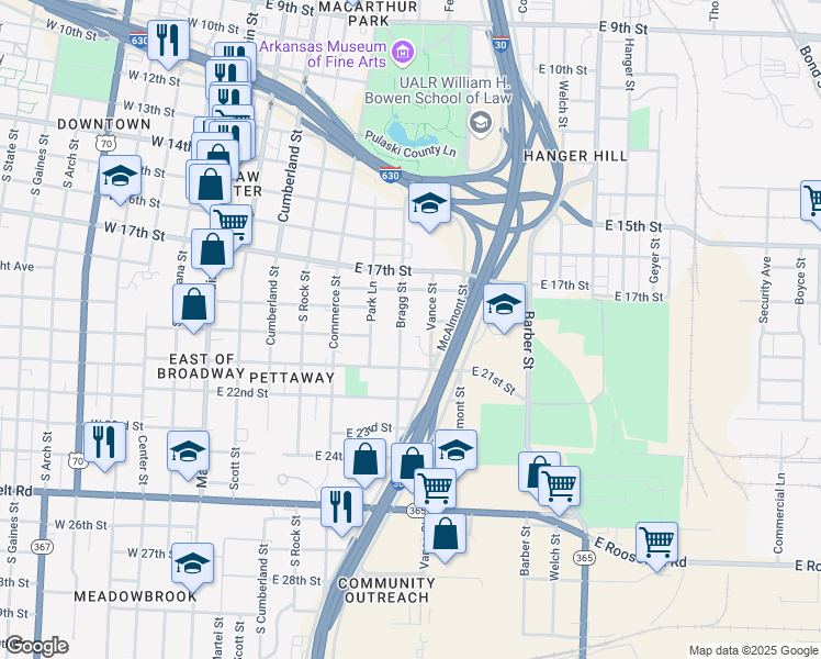 map of restaurants, bars, coffee shops, grocery stores, and more near 1922 Bragg Street in Little Rock