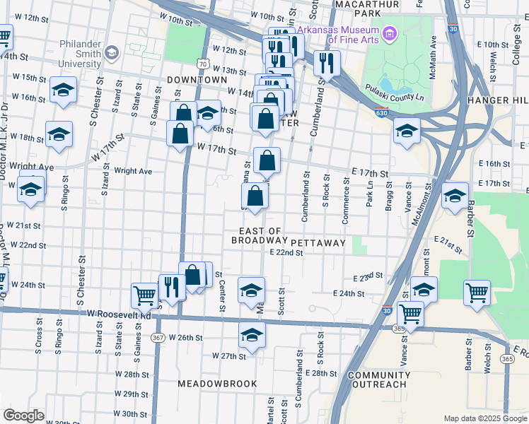 map of restaurants, bars, coffee shops, grocery stores, and more near 1999 West Charles Bussey Avenue in Little Rock