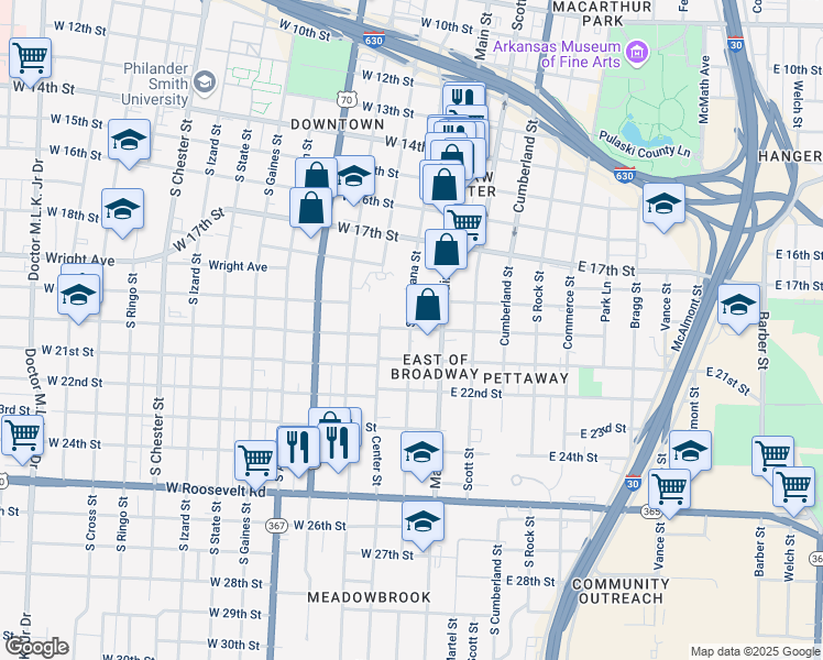 map of restaurants, bars, coffee shops, grocery stores, and more near in Little Rock