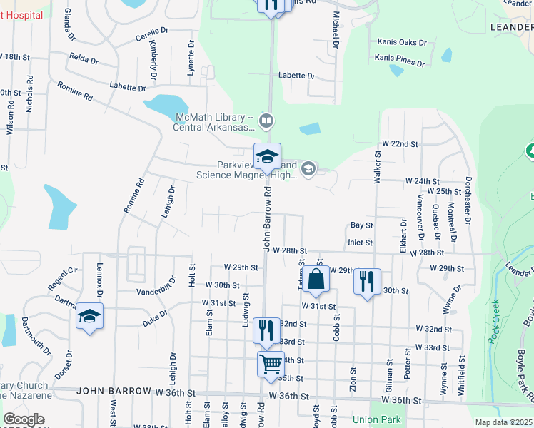 map of restaurants, bars, coffee shops, grocery stores, and more near 2601 John Barrow Road in Little Rock