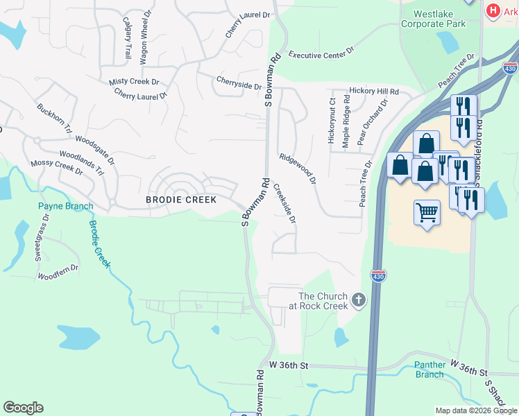map of restaurants, bars, coffee shops, grocery stores, and more near 12 Summer Ridge Court in Little Rock