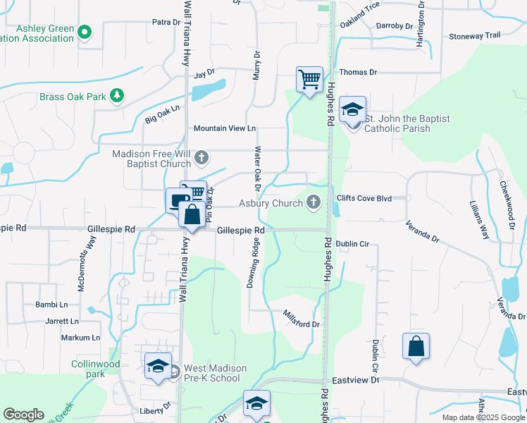 map of restaurants, bars, coffee shops, grocery stores, and more near 188 Water Oak Drive in Madison
