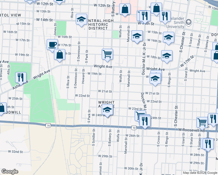 map of restaurants, bars, coffee shops, grocery stores, and more near 2016 South Battery Street in Little Rock