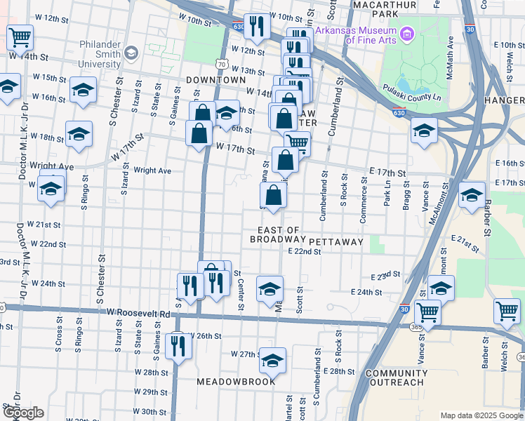 map of restaurants, bars, coffee shops, grocery stores, and more near in Little Rock