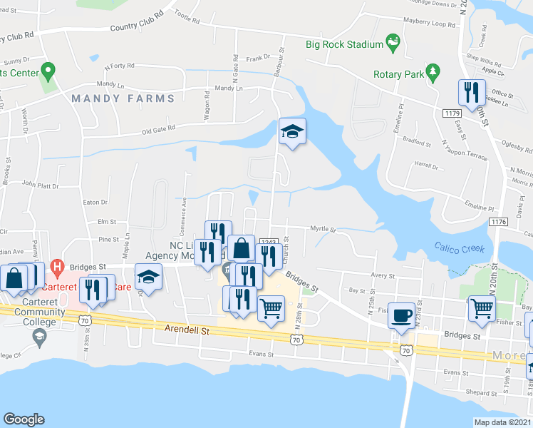 map of restaurants, bars, coffee shops, grocery stores, and more near 305 Barbour Road in Morehead City