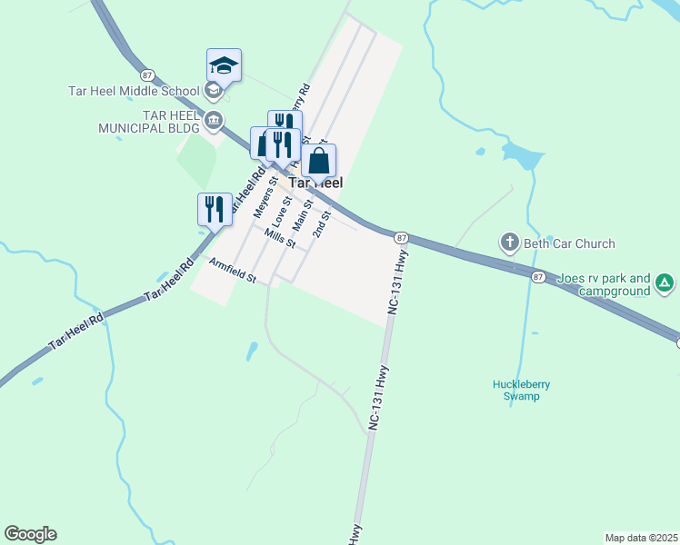 map of restaurants, bars, coffee shops, grocery stores, and more near Mill Street in Bladenboro
