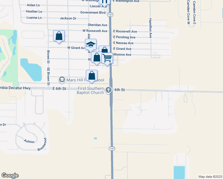 map of restaurants, bars, coffee shops, grocery stores, and more near South Wilson Dam Road in Muscle Shoals