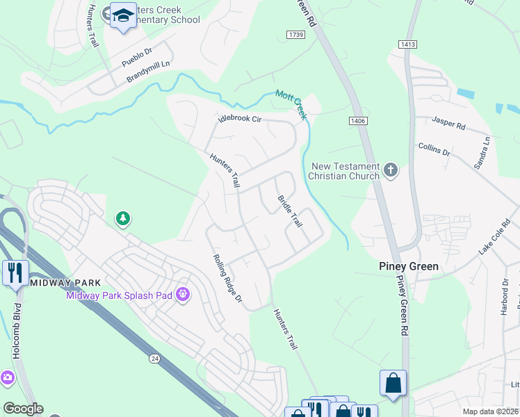 map of restaurants, bars, coffee shops, grocery stores, and more near 2457 Saddleridge Drive in Piney Green