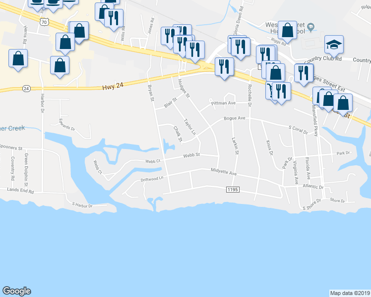 map of restaurants, bars, coffee shops, grocery stores, and more near 112-116 Webb Street in Morehead City