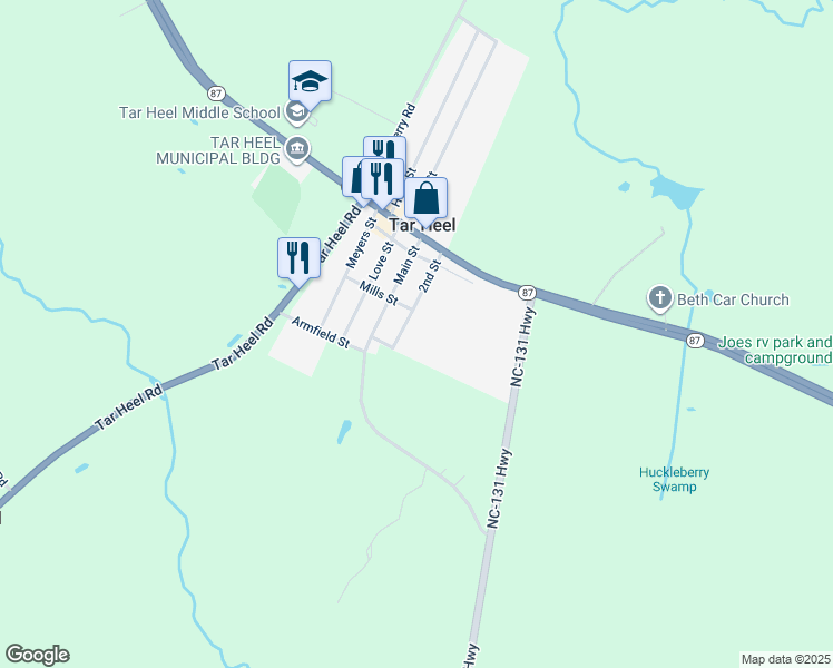 map of restaurants, bars, coffee shops, grocery stores, and more near 3rd Street in Bladenboro