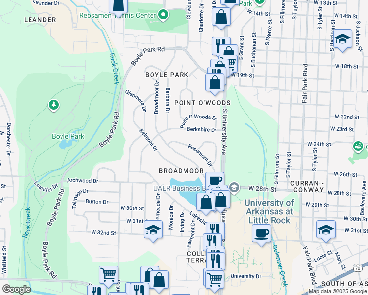 map of restaurants, bars, coffee shops, grocery stores, and more near 41 Rosemont Drive in Little Rock