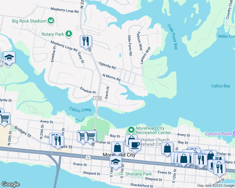 map of restaurants, bars, coffee shops, grocery stores, and more near 908 Calamanda Court in Morehead City