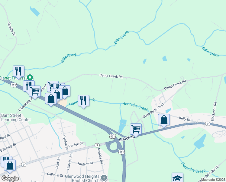 map of restaurants, bars, coffee shops, grocery stores, and more near 1282 Camp Creek Road in Lancaster