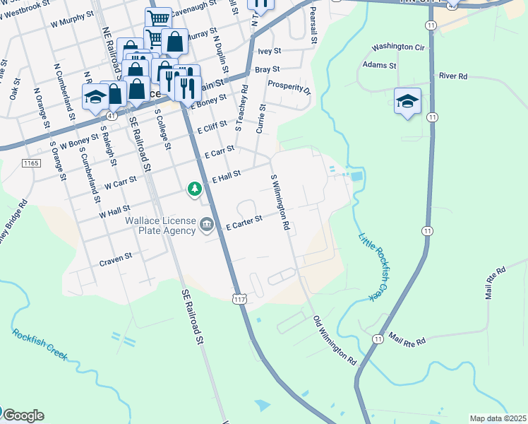 map of restaurants, bars, coffee shops, grocery stores, and more near 405 East Carter Street in Wallace
