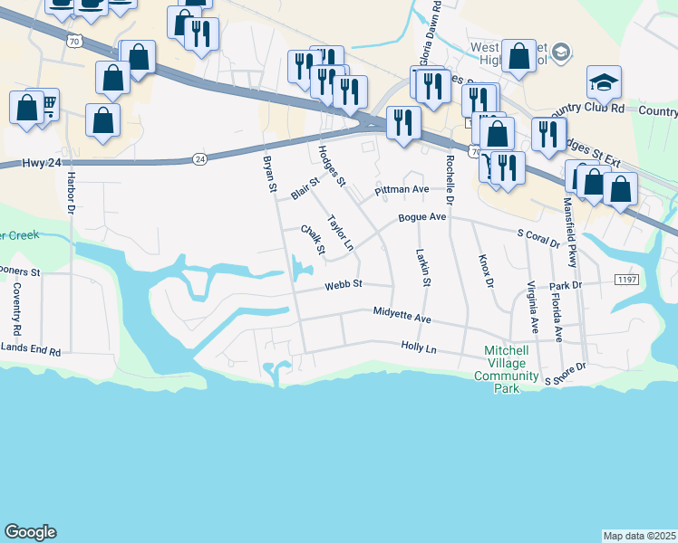 map of restaurants, bars, coffee shops, grocery stores, and more near 5117 Chalk Street in Morehead City