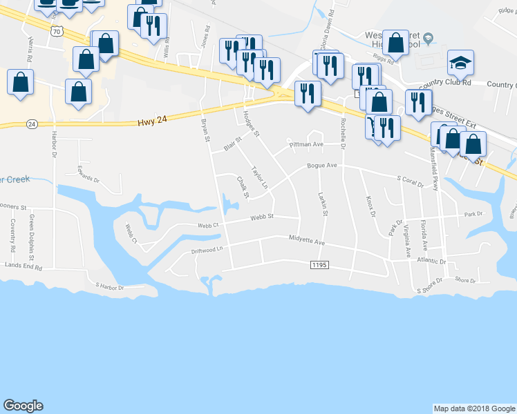map of restaurants, bars, coffee shops, grocery stores, and more near 5117 Chalk Street in Morehead City