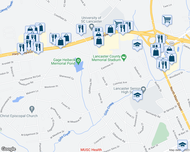 map of restaurants, bars, coffee shops, grocery stores, and more near 614 Eastview Court in Lancaster