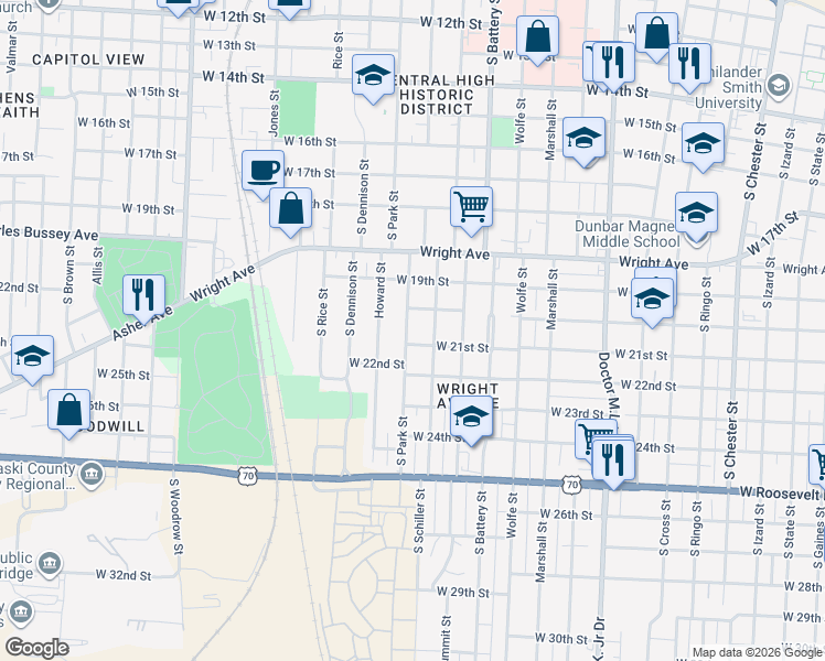 map of restaurants, bars, coffee shops, grocery stores, and more near 2024 South Schiller Street in Little Rock