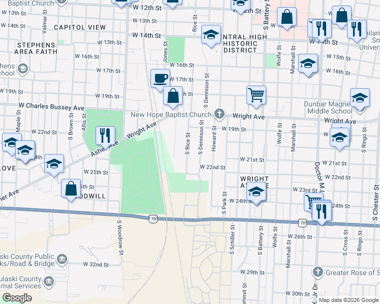 map of restaurants, bars, coffee shops, grocery stores, and more near 2102 South Rice Street in Little Rock