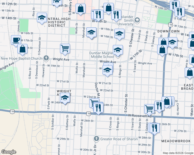 map of restaurants, bars, coffee shops, grocery stores, and more near 1417 West 20th Street in Little Rock