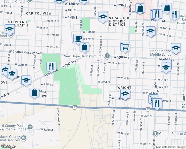 map of restaurants, bars, coffee shops, grocery stores, and more near 2102 South Rice Street in Little Rock