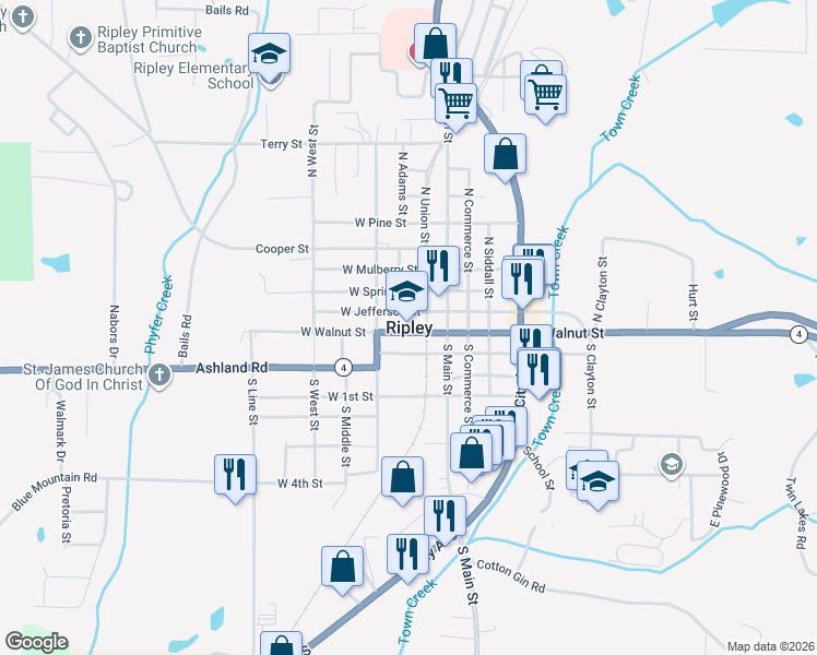 map of restaurants, bars, coffee shops, grocery stores, and more near in Ripley