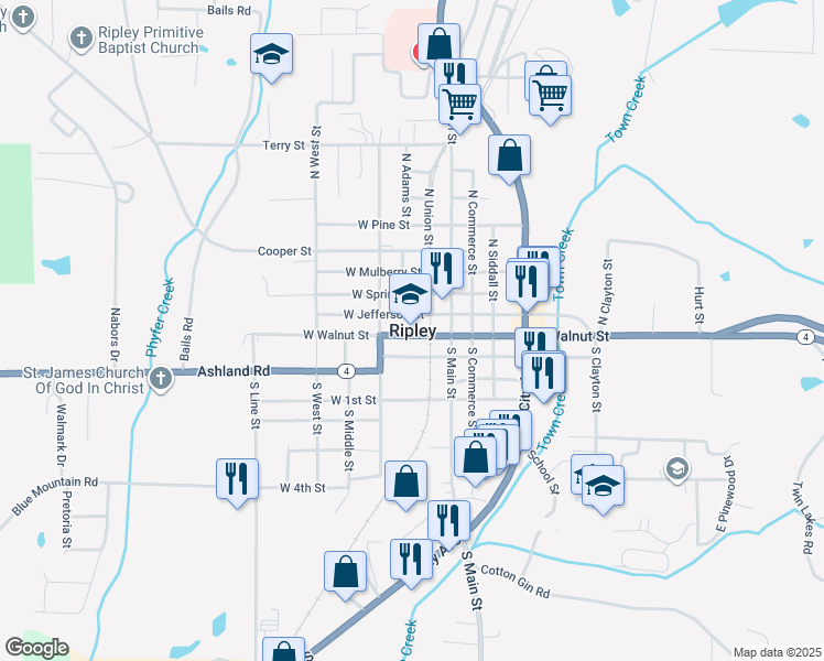 map of restaurants, bars, coffee shops, grocery stores, and more near in Ripley
