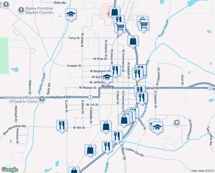 map of restaurants, bars, coffee shops, grocery stores, and more near in Ripley