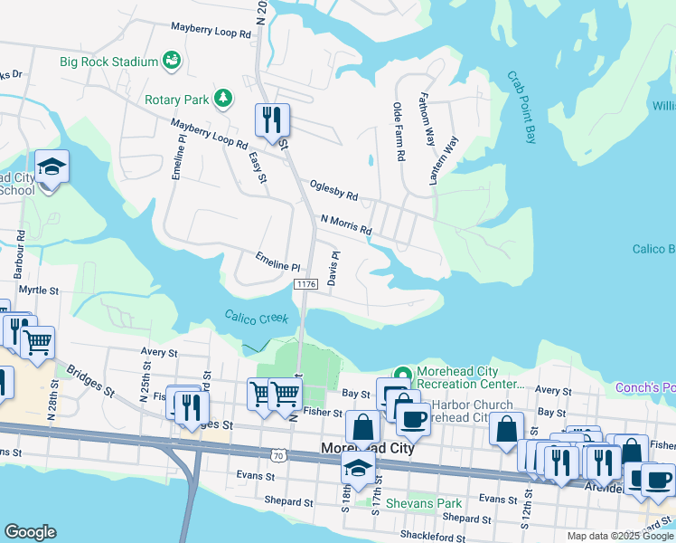map of restaurants, bars, coffee shops, grocery stores, and more near 906 Davis Place in Morehead City