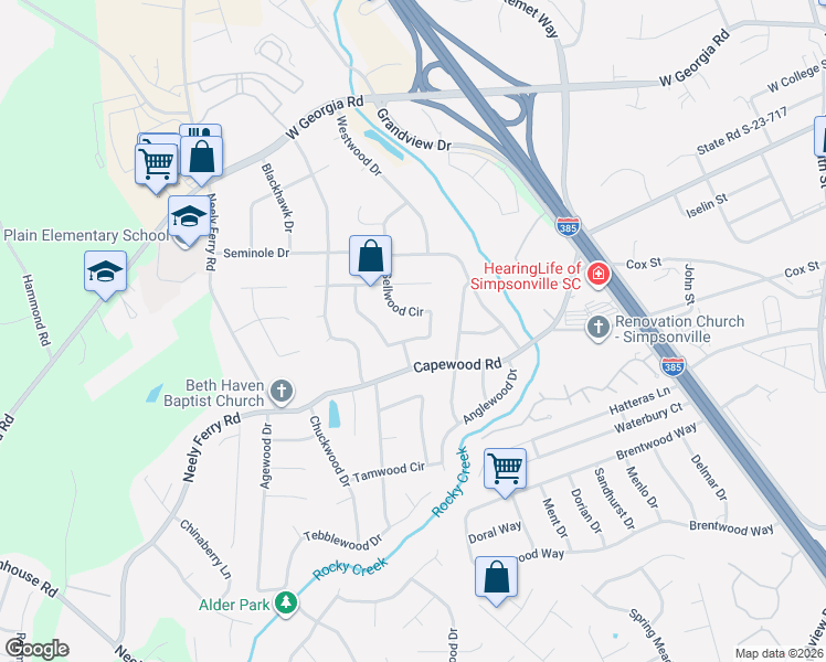 map of restaurants, bars, coffee shops, grocery stores, and more near 425 Sellwood Circle in Simpsonville