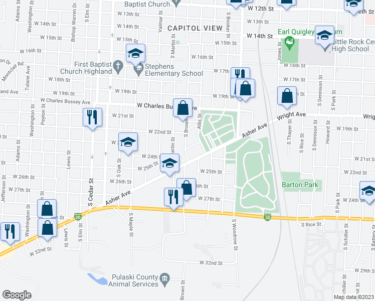 map of restaurants, bars, coffee shops, grocery stores, and more near 2303 Brown Street in Little Rock