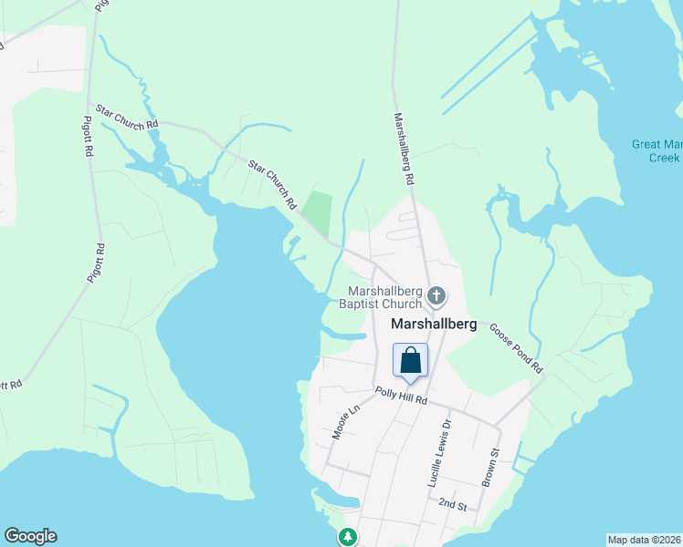 map of restaurants, bars, coffee shops, grocery stores, and more near 197 Star Church Road in Marshallberg