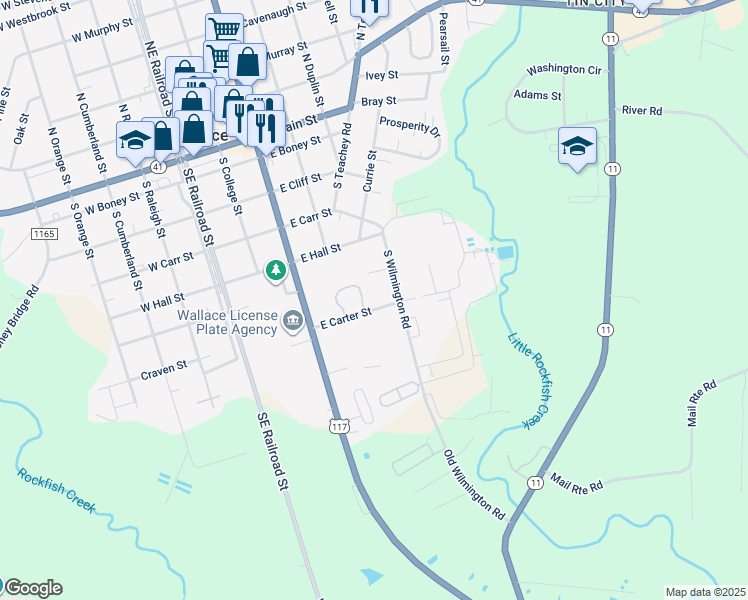 map of restaurants, bars, coffee shops, grocery stores, and more near 405 East Carter Street in Wallace