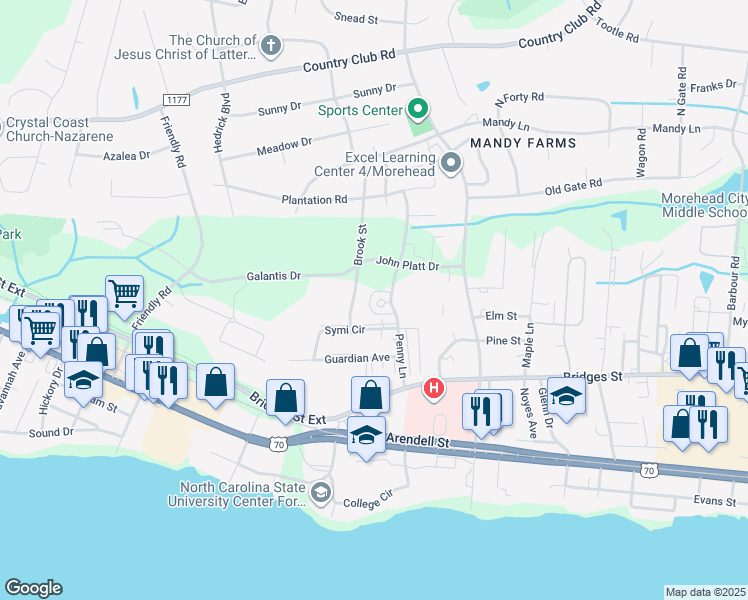 map of restaurants, bars, coffee shops, grocery stores, and more near 3720 Kenzie Court in Morehead City