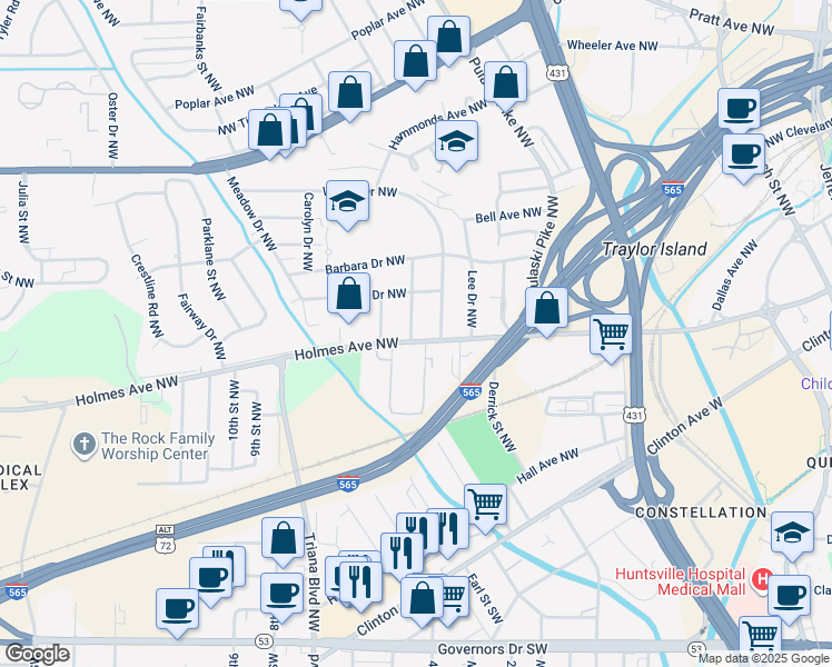 map of restaurants, bars, coffee shops, grocery stores, and more near in Huntsville