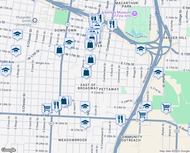 map of restaurants, bars, coffee shops, grocery stores, and more near 2003 Scott Street in Little Rock