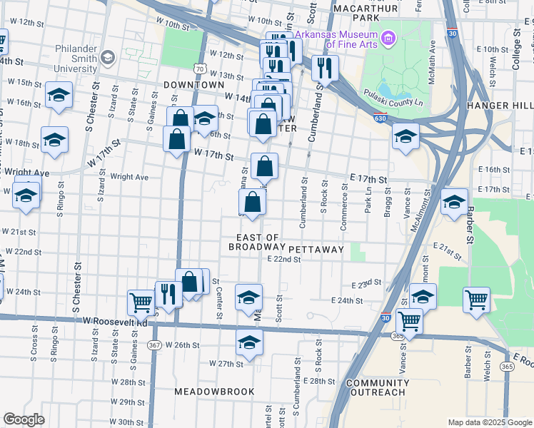 map of restaurants, bars, coffee shops, grocery stores, and more near 1999 West Charles Bussey Avenue in Little Rock