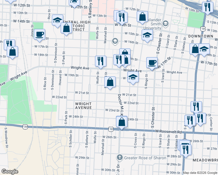 map of restaurants, bars, coffee shops, grocery stores, and more near 2020 Marshall Street in Little Rock