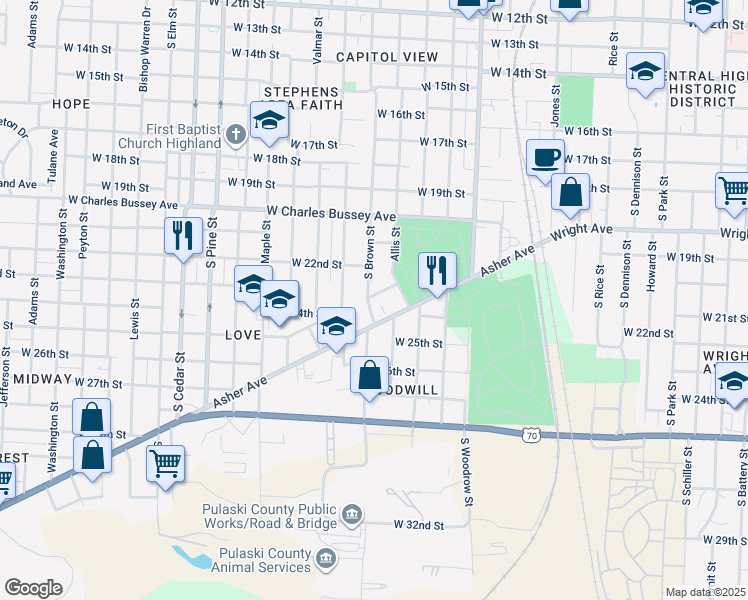map of restaurants, bars, coffee shops, grocery stores, and more near 3218 Asher Avenue in Little Rock
