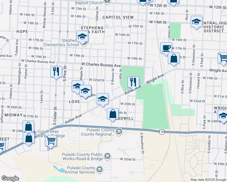 map of restaurants, bars, coffee shops, grocery stores, and more near 3218 Asher Avenue in Little Rock