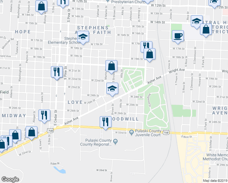 map of restaurants, bars, coffee shops, grocery stores, and more near 3218 Asher Avenue in Little Rock