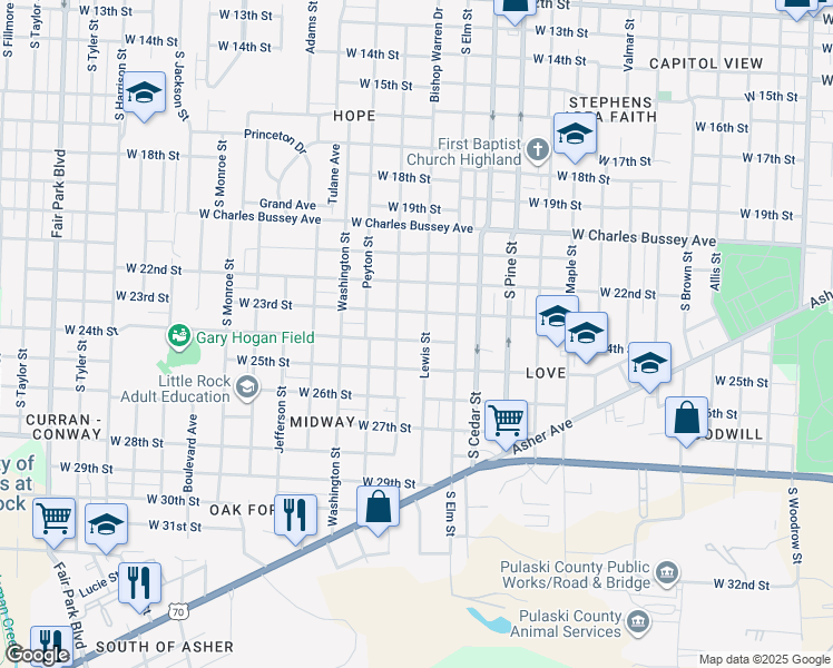 map of restaurants, bars, coffee shops, grocery stores, and more near 4123 West 24th Street in Little Rock