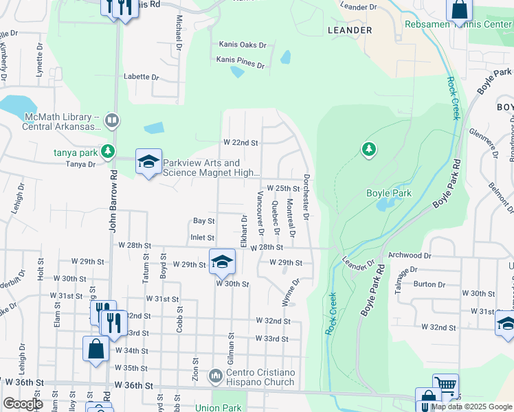 map of restaurants, bars, coffee shops, grocery stores, and more near 2601 Elkhart Drive in Little Rock