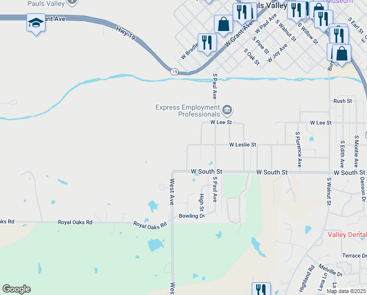 map of restaurants, bars, coffee shops, grocery stores, and more near 409 South Lowe Avenue in Pauls Valley
