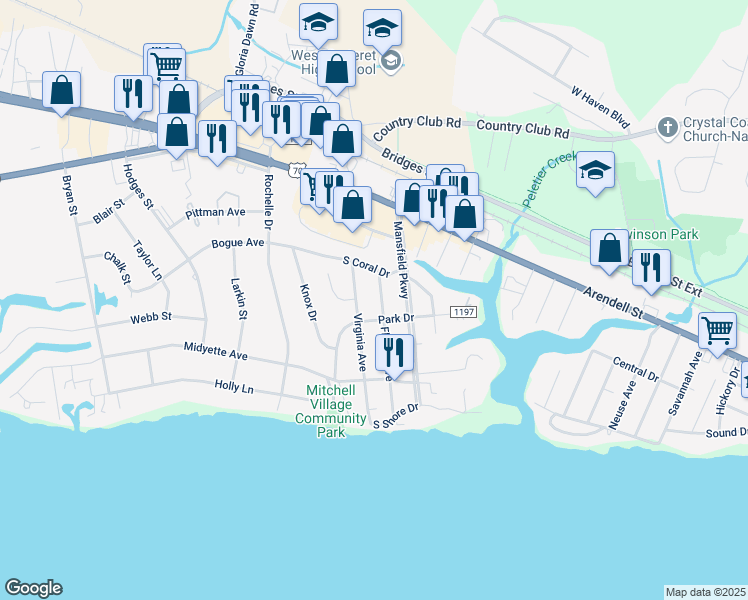 map of restaurants, bars, coffee shops, grocery stores, and more near 208 Florida Avenue in Morehead City
