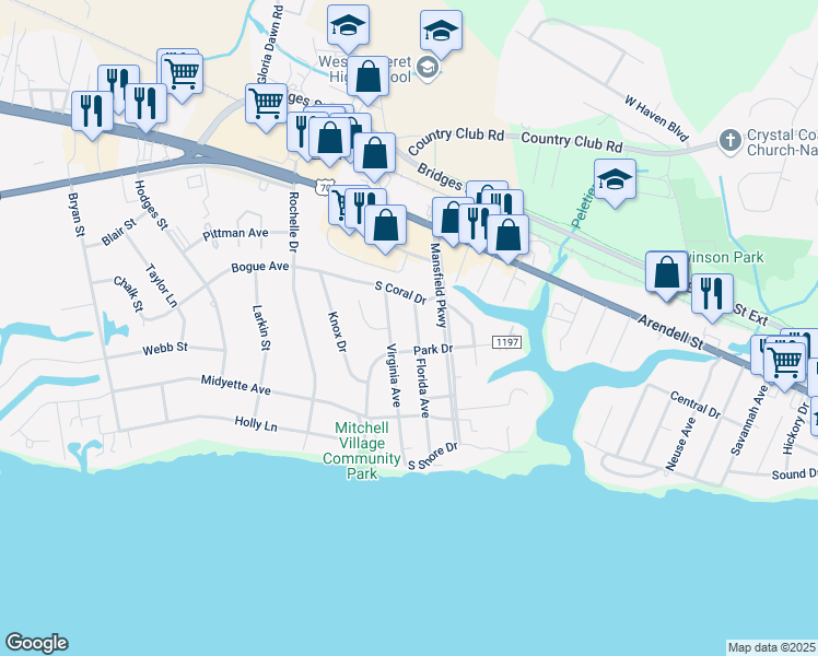 map of restaurants, bars, coffee shops, grocery stores, and more near 208 Florida Avenue in Morehead City