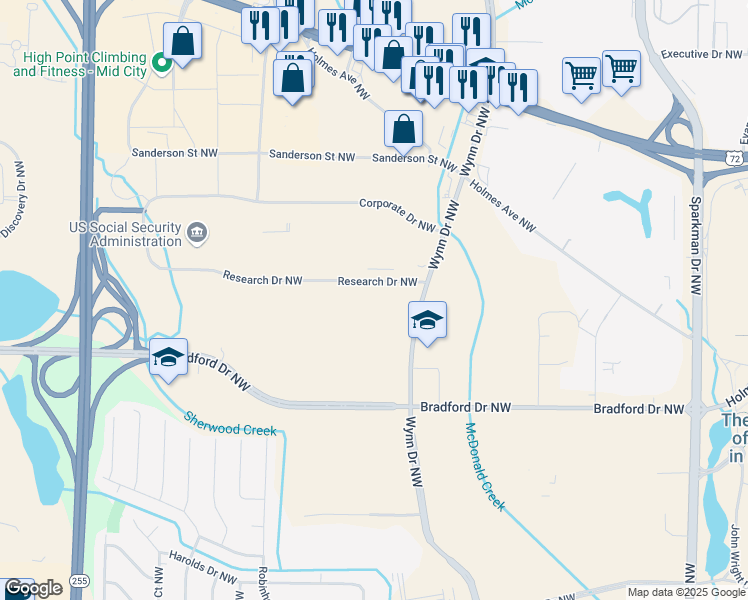 map of restaurants, bars, coffee shops, grocery stores, and more near 4905 Research Drive Northwest in Huntsville