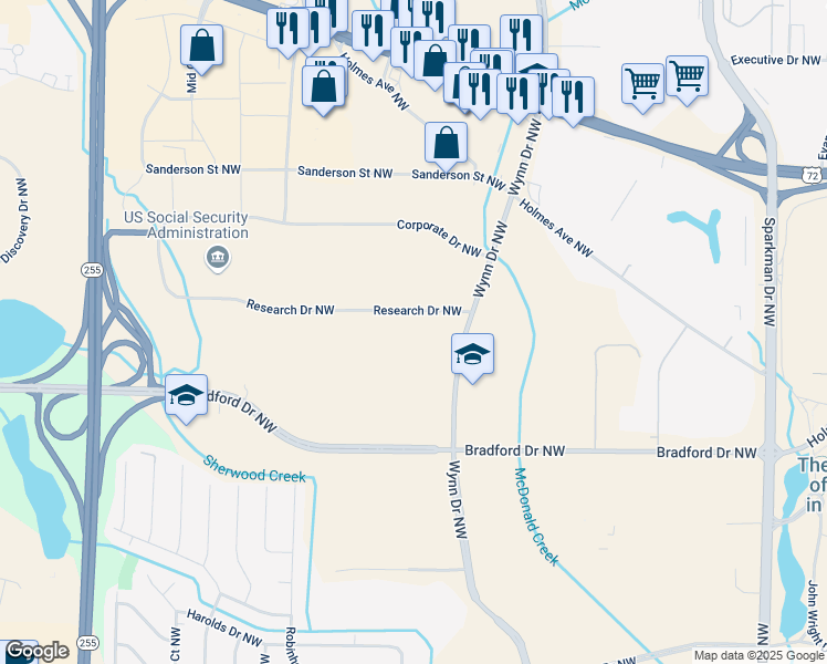 map of restaurants, bars, coffee shops, grocery stores, and more near 4905 Research Drive Northwest in Huntsville