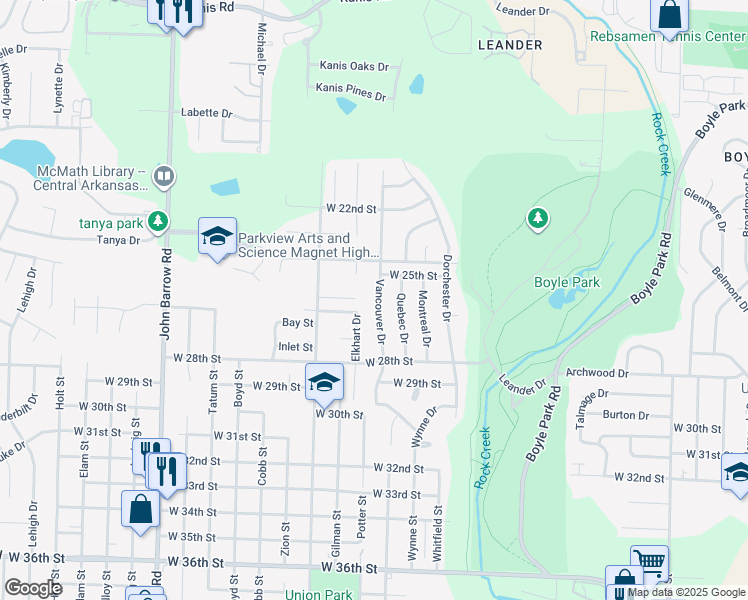 map of restaurants, bars, coffee shops, grocery stores, and more near 2601 Elkhart Drive in Little Rock